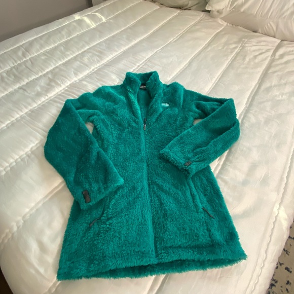 The north face teal green fuzzy soft fleece faux Sherpa zip up jacket s - Picture 14 of 15